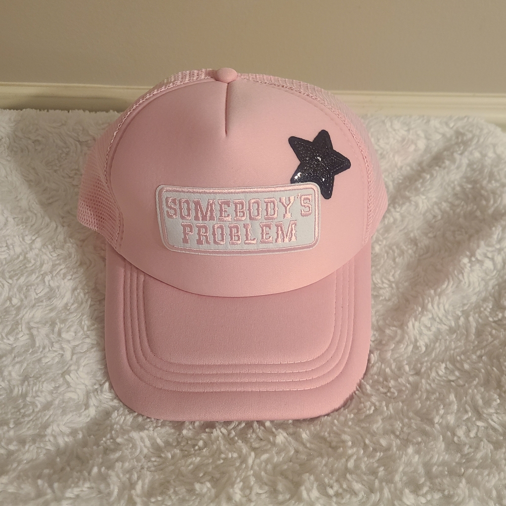 Pink Trucker Hat Somebody's Ptoblem with Star Patch